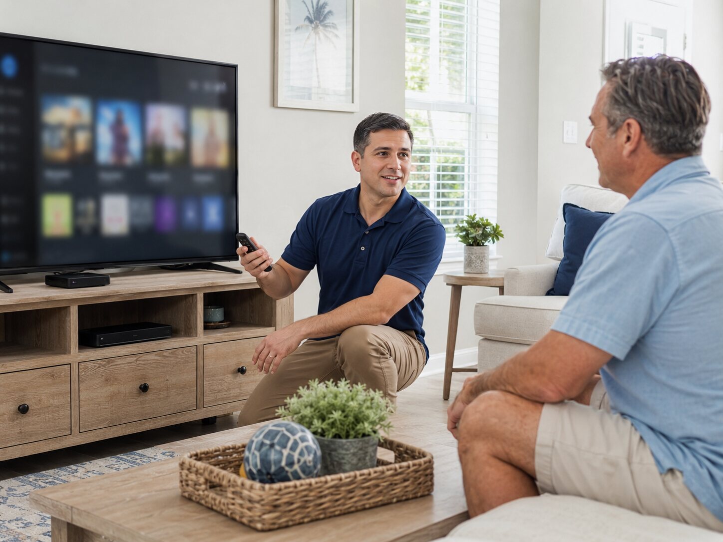 Technician helping a homeowner set up a smart television