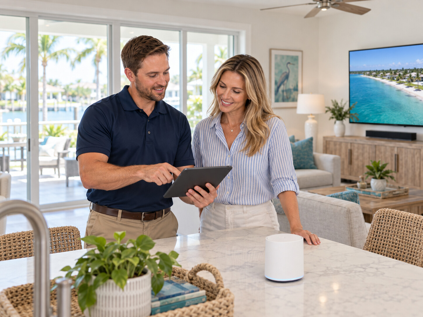 A home technology professional reviewing connected-home equipment with a homeowner