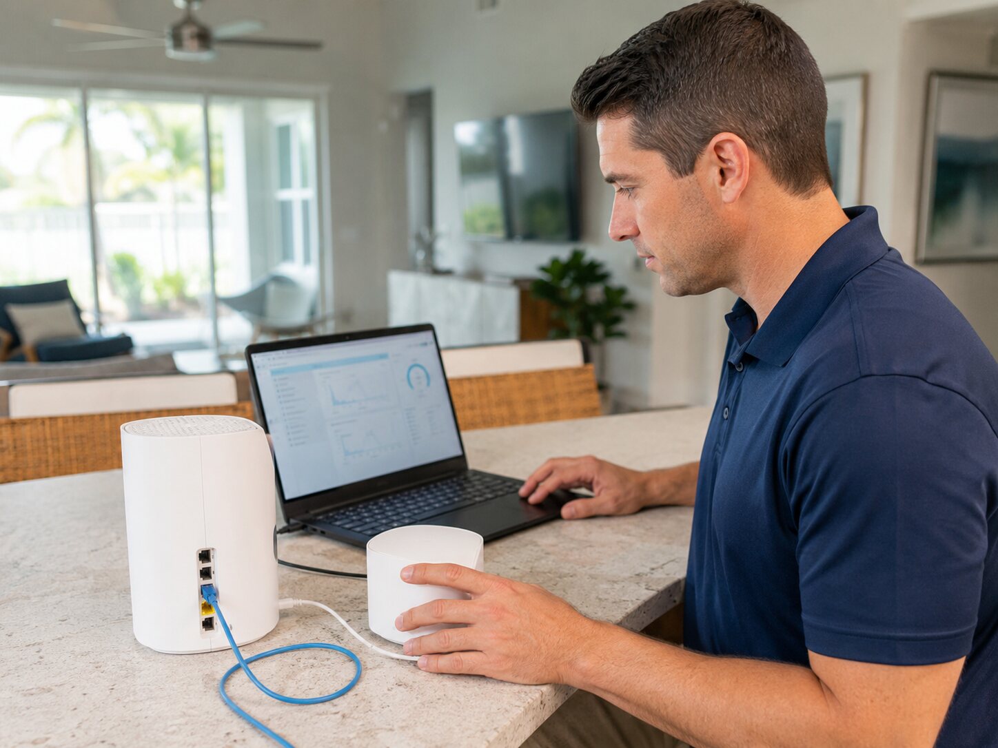 Technician testing a mesh Wi-Fi system with a laptop